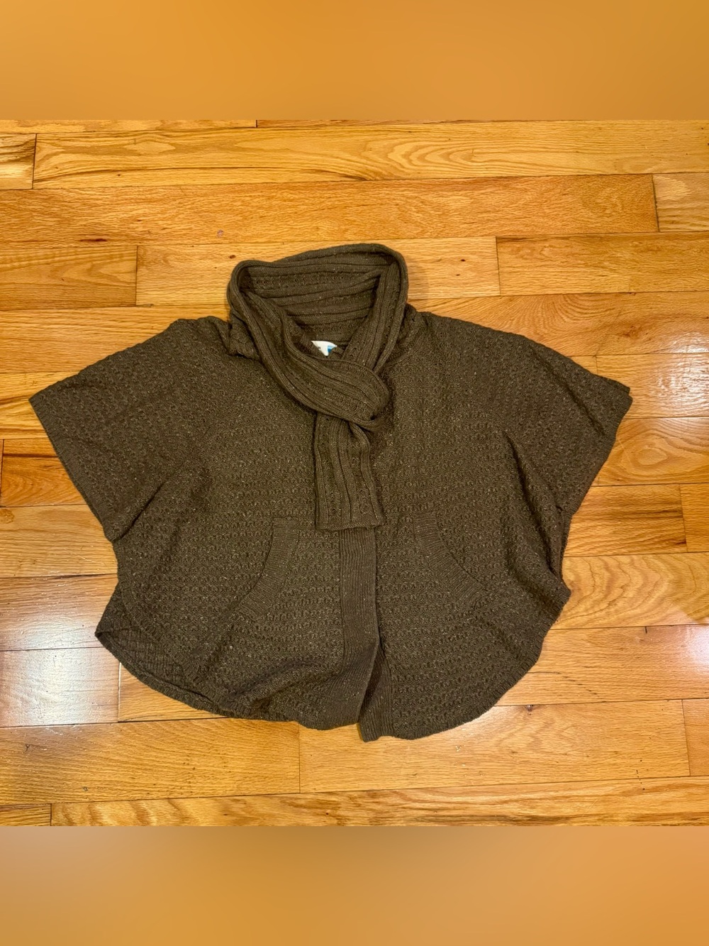 sparrow Brown Knit Short-Sleeve Poncho with Scarf Collar